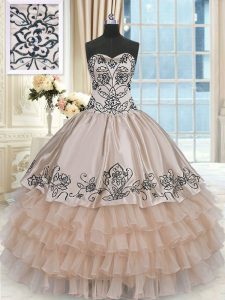 Discount Ruffled Sweetheart Sleeveless Lace Up Quince Ball Gowns Champagne Organza and Taffeta