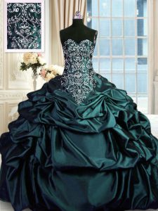 Graceful Pick Ups Ball Gowns Sweet 16 Dress Dark Green Taffeta Sleeveless Floor Length Zipper
