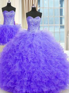 Exquisite Three Piece Lavender Lace Up Sweet 16 Dresses Beading and Ruffles Sleeveless Floor Length