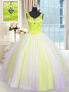 Enchanting Multi-color V-neck Lace Up Beading and Sequins Vestidos de Quinceanera Sleeveless