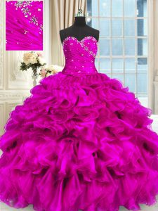Admirable Fuchsia Organza Lace Up 15th Birthday Dress Sleeveless High Low Beading and Ruffles