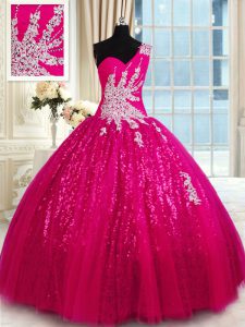 High Class Hot Pink Ball Gowns One Shoulder Sleeveless Tulle and Sequined Floor Length Lace Up Appliques Sweet 16 Dress