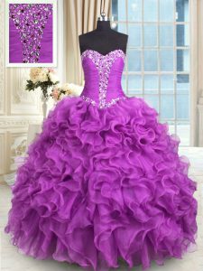 Purple Ball Gowns Organza Sweetheart Sleeveless Beading and Ruffles Floor Length Lace Up Quinceanera Dresses