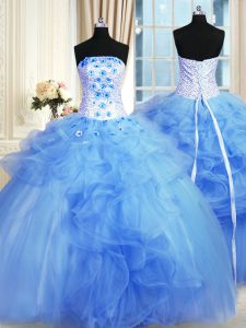 Romantic Blue Tulle Lace Up Strapless Sleeveless Floor Length Quinceanera Dresses Pick Ups and Hand Made Flower