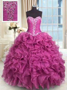 Rose Pink Sleeveless Beading and Ruffles Floor Length Vestidos de Quinceanera