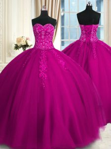 Popular Floor Length Fuchsia 15th Birthday Dress Sweetheart Sleeveless Lace Up