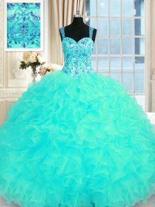 Sleeveless Floor Length Embroidery and Ruffles Lace Up Vestidos de Quinceanera with Aqua Blue