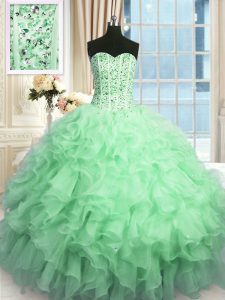 Edgy Sleeveless Organza Floor Length Lace Up Quinceanera Dresses in Apple Green with Beading and Ruffles and Sequins