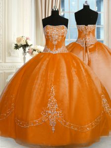 Discount Sleeveless Floor Length Beading and Embroidery Lace Up Quince Ball Gowns with Rust Red