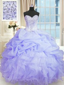 Romantic Sleeveless Floor Length Beading and Ruffles Lace Up 15 Quinceanera Dress with Lavender