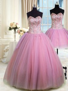 Three Piece Sleeveless Lace Up Floor Length Beading 15th Birthday Dress