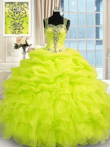 Nice Floor Length Yellow Green Sweet 16 Dress Organza Sleeveless Beading and Ruffles