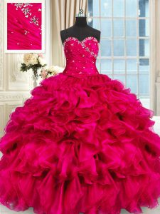 Gorgeous Hot Pink Sweetheart Lace Up Beading and Ruffles Ball Gown Prom Dress Sleeveless