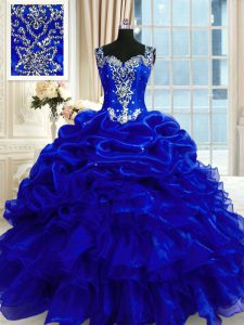 Customized Royal Blue Organza Lace Up Straps Sleeveless Floor Length Quince Ball Gowns Beading and Ruffles and Pick Ups