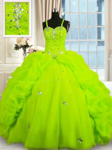 Elegant Pick Ups Yellow Green Sleeveless Organza Lace Up 15 Quinceanera Dress for Military Ball and Sweet 16 and Quinceanera