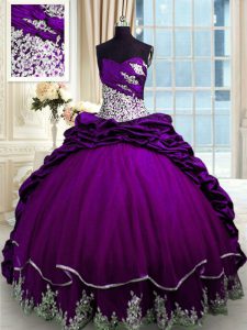 Purple Sweet 16 Quinceanera Dress Military Ball and Sweet 16 and Quinceanera and For with Beading and Appliques and Pick Ups Sweetheart Sleeveless Brush Train Lace Up