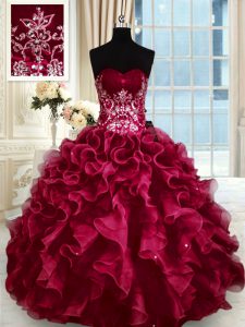 Custom Made Wine Red Lace Up Sweetheart Beading and Appliques and Ruffles Sweet 16 Quinceanera Dress Organza Sleeveless
