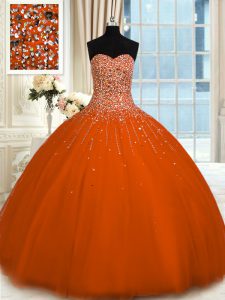 Smart Ball Gowns Sweet 16 Dresses Rust Red Sweetheart Tulle Sleeveless Floor Length Lace Up