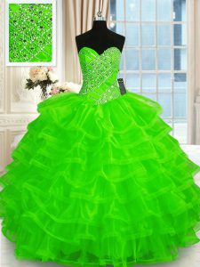 Organza Lace Up Quinceanera Gown Sleeveless Floor Length Beading and Ruffled Layers
