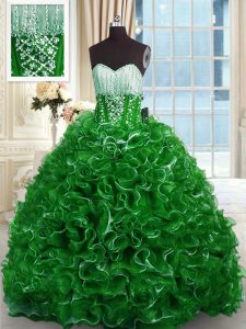 Superior With Train Green Quince Ball Gowns Organza Brush Train Sleeveless Beading and Ruffles