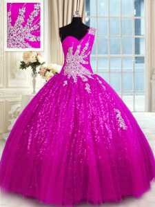 Perfect Lace One Shoulder Sleeveless Lace Up Appliques Sweet 16 Dresses in Fuchsia