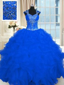 Ball Gowns 15th Birthday Dress Royal Blue Straps Organza Cap Sleeves Floor Length Lace Up