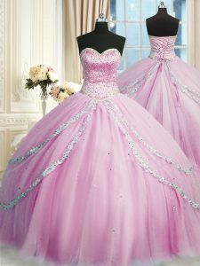 Lilac Sleeveless Court Train Beading and Appliques With Train Quinceanera Gown