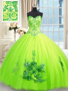 Sweetheart Sleeveless Quince Ball Gowns Floor Length Beading and Appliques and Embroidery Yellow Green Tulle