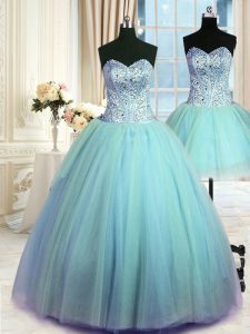 Three Piece Blue Sleeveless Tulle Lace Up Vestidos de Quinceanera for Military Ball and Sweet 16 and Quinceanera