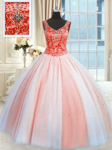 Multi-color Ball Gowns Tulle V-neck Sleeveless Beading and Sequins Floor Length Lace Up Sweet 16 Dresses