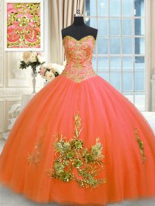 Dynamic Beading and Appliques and Embroidery Quinceanera Dresses Orange Red Lace Up Sleeveless Floor Length