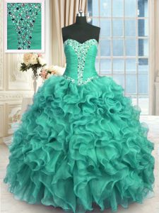 Turquoise Ball Gowns Sweetheart Sleeveless Organza Floor Length Lace Up Beading and Ruffles Quinceanera Dresses