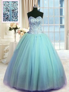 Light Blue Sleeveless Organza Lace Up Quinceanera Gowns for Military Ball and Sweet 16 and Quinceanera