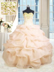 High Quality Peach Sleeveless Floor Length Beading and Ruffles Lace Up Ball Gown Prom Dress