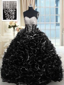 Glorious Black Lace Up 15th Birthday Dress Beading and Ruffles Sleeveless With Brush Train