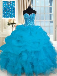 Ideal Beading and Ruffles Ball Gown Prom Dress Baby Blue Lace Up Sleeveless Floor Length