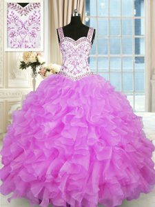 Lilac Organza Lace Up Straps Sleeveless Floor Length Quinceanera Dress Beading and Ruffles