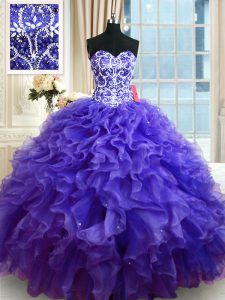 Custom Made Sleeveless Organza Floor Length Lace Up Quince Ball Gowns in Purple with Beading and Ruffles