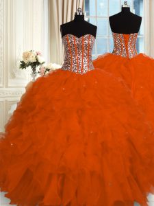 Classical Red Ball Gowns Organza Sweetheart Sleeveless Beading and Ruffles Floor Length Lace Up Vestidos de Quinceanera