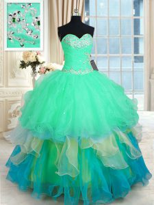 Perfect Floor Length Multi-color 15 Quinceanera Dress Organza Sleeveless Beading and Ruffles