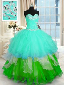 Edgy Sleeveless Floor Length Beading and Ruffled Layers Lace Up Sweet 16 Dresses with Multi-color
