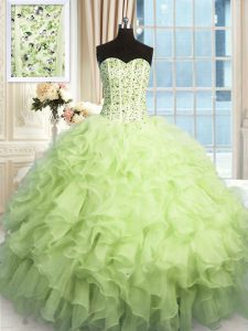 Sweetheart Sleeveless Quince Ball Gowns Floor Length Beading and Ruffles and Sequins Yellow Green Organza