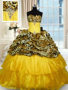 Modest Ruffled Sweep Train Ball Gowns Quinceanera Dress Gold Sweetheart Organza and Printed Sleeveless Lace Up