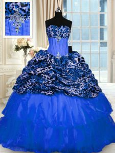Edgy Printed Blue Lace Up Quince Ball Gowns Beading and Sequins Sleeveless Floor Length