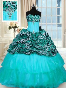 Dramatic Aqua Blue Ball Gowns Organza and Printed Strapless Sleeveless Beading and Ruffled Layers Lace Up Sweet 16 Quinceanera Dress Sweep Train