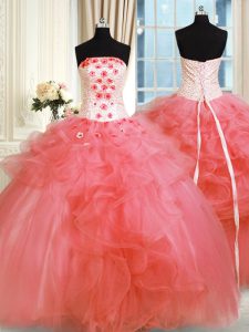 Glamorous Watermelon Red Strapless Neckline Pick Ups and Hand Made Flower Vestidos de Quinceanera Sleeveless Lace Up