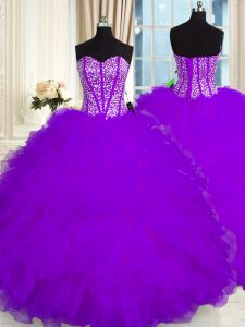 Floor Length Purple Quinceanera Gown Sweetheart Sleeveless Lace Up