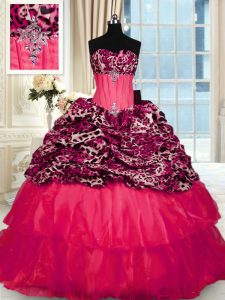Strapless Sleeveless Organza and Printed Ball Gown Prom Dress Beading and Ruffled Layers Sweep Train Lace Up