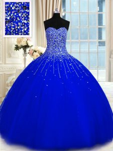 Royal Blue Ball Gowns Sweetheart Sleeveless Tulle Floor Length Lace Up Beading Ball Gown Prom Dress