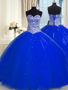 Fabulous Sleeveless Floor Length Beading and Sequins Backless Quinceanera Gowns with Royal Blue